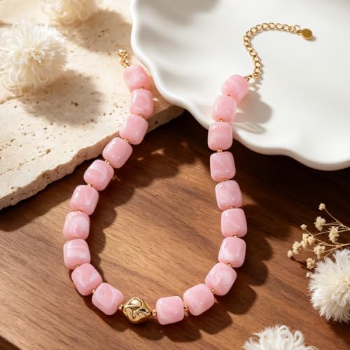 Chunky Beaded Necklace for Women,Square Resin beads boho Choker Necklace with gold-tone spacers,Fashion Trendy Summer Beach Party Necklaces Handmade Surfer Beach Necklaces Jewelry Gifts - color: Pink