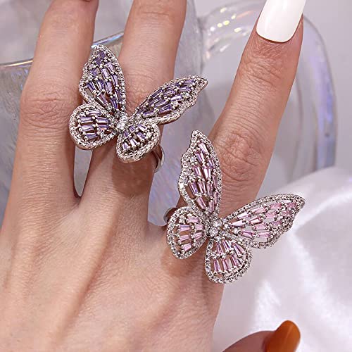 Butterfly Rings for Women Adjustable Golden Cocktail Ring Sparkly Stones Statement Silver Bow Open Wrap Bow Jewelry Bridesmaids Wedding Valentine’s Day Gift Lover Mother - color: JZ03-Silver Purple