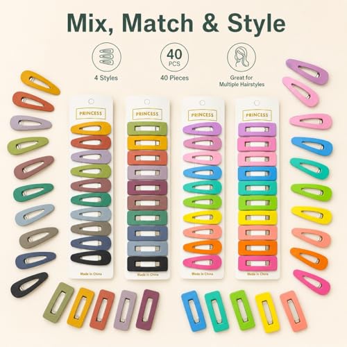 Bphne 40 Pcs Matte Non-Slip Snap Hair Clips for Women, Neutral & Pastel Teardrop Rectangle Barrettes, Small Metal Pins for Styling, Lightweight No Pull for Daily Wedding Gift - color: Neutral & Pastel