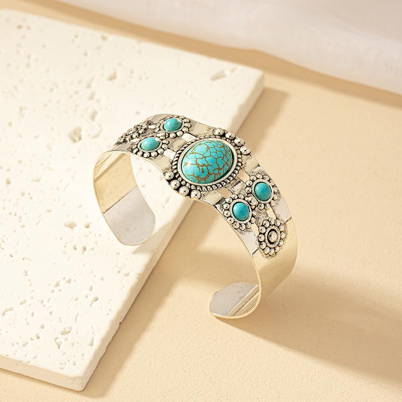 Bohemian Natural Stone Turquoise Engraved Cuff Bracelet Adjustable Wrap Bangle Western National Style for Women Gemstone Boho Jewelry - color: F