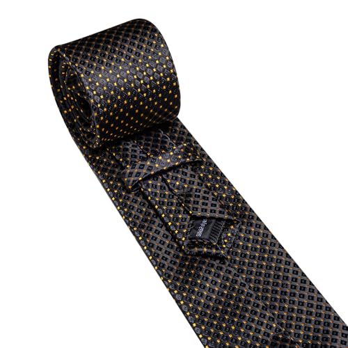 YOHOWA Men Plaid/Striped Ties Clip Set Silk Necktie Pocket Square Cufflinks | Woven Classic,Formal/Casual Mens Tie,Pocket Square Cufflinks Set,Luxury,Business,Wedding,Party,Prom,Graduation - color: Black Gold a