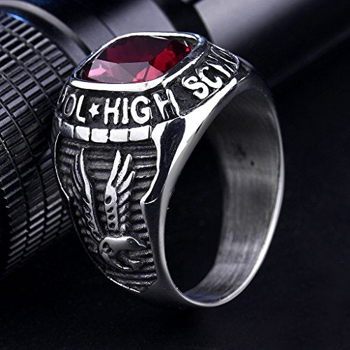 MASOP Retro Eagle Red Ruby Color Crystal Stainless Steel High School Rings for Men Silver Tone Size 8-15