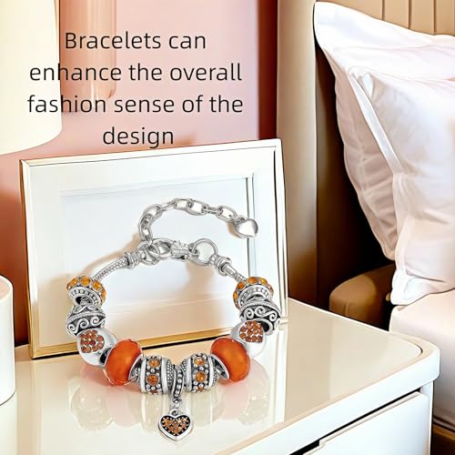 Pink Hearts Silver Plated Charm Bracelet, DIY Jewelry for Women with Beads, Charms, and Adjustable Snake Chain, Fits 7.5"+1.5" - color: Gold, size: 19cm