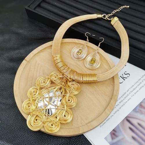 African Jewelry Sets Statement Big Crystal Pendent Necklace Earrings Set For Women Handmade Bib Collar Costume Tribal Fashion Accessories - color: KDLUN5305 Gold