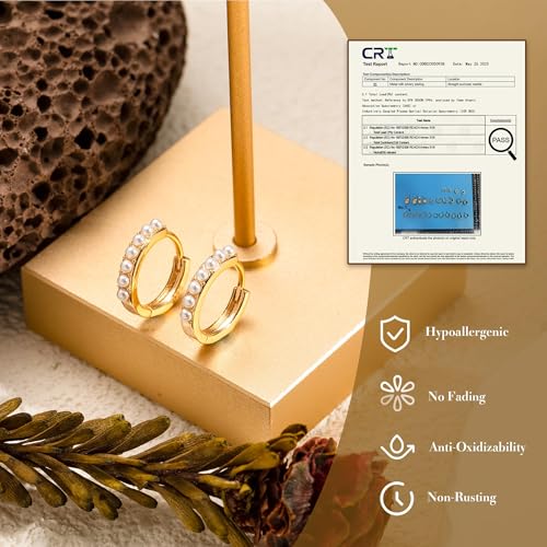 Kenivira Gold Pearl Hoop Earrings for Women | 18K Gold Huggie Dangle Earrings | Lightweight Small Hoop Earrings - color: Pearl & Tiny