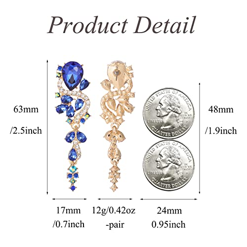 Fashion Rhinestone Statement Drop Dangle Earrings Long Colorful Crystal Bridal Wedding Teardrop Chandelier Earrings for Women Prom Pageant - color: Royal Blue
