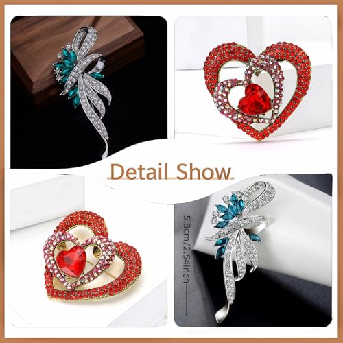 2pcs Rhinestone Brooch Pin for Women Dress Elegant Stylish Crystal Brooches Fashion Accessories Pins Lapel Boutonniere Ideas Wedding Christmas Birthday Jewelry Easter Gift - color: 19 Red heart/Silver