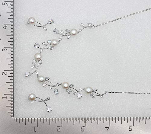 Faship Genuine 10mm Freshwater Pearls Floral Necklace Earrings Set | Premium CZ Crystal, Gorgeous, Sparkling - color: Clear