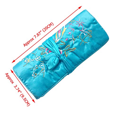 Travel Jewelry Roll Bag - Silk Embroidered Brocade Pouch for Rings, Necklaces, Earrings, Bracelets | Lightweight & Tie Closure (Sky Blue) - color: Sky Blue