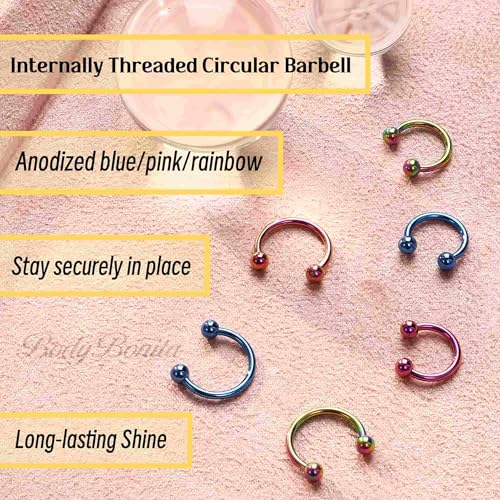 BodyBonita Anodized G23 Titanium Horseshoe Nose Ring Hoops for Women, 16G Septum Rings Circular Barbell, Conch Helix Daith Tragus Cartilage Lip Eyebrow Piercing Jewelry 8/10mm 2Pcs - color: Rainbow, Hand-Anodized