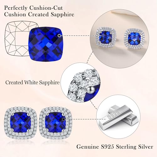Dainty Birthstone Earrings for Women Sterling Silver Small Stud Earrings with Halo Cushion/Round Created Gemstone Earrings Birthstone Jewelry - style: A 09. Sep./created blue sapphire-cushion cut