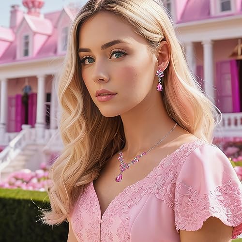 EleQueen Women's Wedding Bridal Jewelry Set for Brides Bridesmaids, Silver/14K Gold/Rose Gold Plated Cubic Zirconia Teardrop Necklace Dangle Earrings Bracelet Sets for Party Prom - color: 07-Pink Color-Necklace+Earrings+Bracelet
