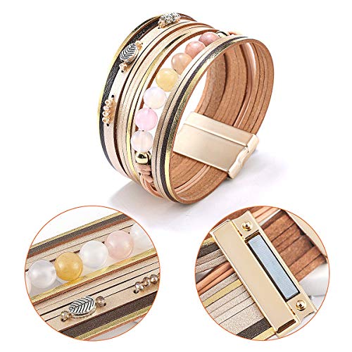 Wowanoo 3Pack Leather Cuff Bracelet Set Multilayer Wrap Bracelet Crystal Feather Tree Bracelet Magnetic Clasp Bracelet for Women - color: Beaded