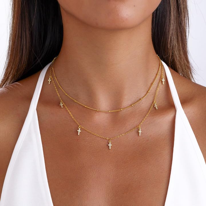 Layered Necklaces For Women,Dainty Gold Plated Necklace Stack Prom Layering Necklaces For Women Trendy Chain Cross Choker Necklace Set Fashion Accessories - color: cross+satellite