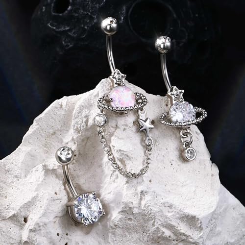 Jewseen 3PCS Belly Button Ring Dangle Surgical Steel Zircon Opal Moon Star Planet Space Design Navel Ring 14G Curved Barbell Fashion Piercing Jewelry - color: planet