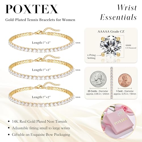 925 Sterling Silver Bracelets for Women Stack, Trendy Tennis Bangle Cuff Jewelry Set 14K Gold Plated, Adjustable Bracelet Set for Wrist Essentials, Women Fashion Watch Band Acecessories - style: Bracelet_3pcs(Gold Tennis Set 4mm)
