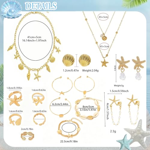 Seashell Starfish Jewelry Set for Women Ocean Vacation Accessories Layered Charm Necklace Bracelets Earrings Rings Anklet Summer Beach Jewelry Gifts - style: Style:Gold Ocean B
