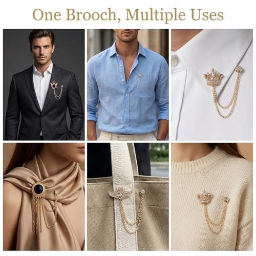 6 Pcs Tassel Chain Brooch Collar Pins Rhinestones Crown Eagle Star Wings Mens Suit Accessories for Shirt Tuxedo Tie Hat Scarf Decoration