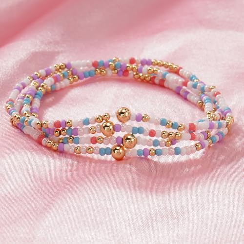 Seed Beaded Stack Bracelets Set for Women,Small Boho 4Pcs Colorful Handmade Dainty Trendy Gold Stretch Accessories Jewelry, Summer Daily Party Friendship Gift - color: Purple White