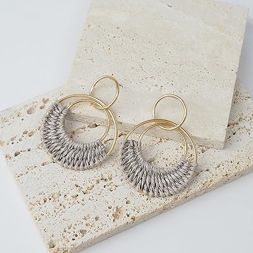Raffia Hoop Earrings for Women Fun Boho Summer Beach Earrings Lightweight Handmade Straw Wicker Rattan Dangle Earrings Statement Geometric Round Drop Earrings - color: Grey - Round