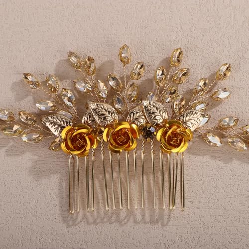 Gold Rose Flower Hair Comb with Champagne Crystal for Wedding Women Bridal Hair Accessories for Prom Speical Occasion (Champagne) - color: Champagne