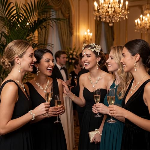Wedding Jewelry Set for Women, Rhinestone Leaf Tiara Headband Crown Necklace Earrings Bracelet for Women - color: Rose Gold