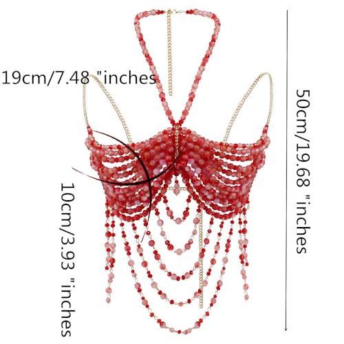Red Beaded Bra, Body Chain Jewelry, Festival/Burlesque Costume