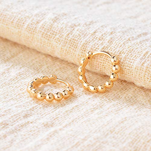 Huggie Hoop Earrings 14K Gold Plated Cubic Zirconia Dainty Simple Cute Beads Elegant CZ Circle Small Hoop Earring for Women Minimalist Handmade Hypoallergenic Jewelry - color: Beaded