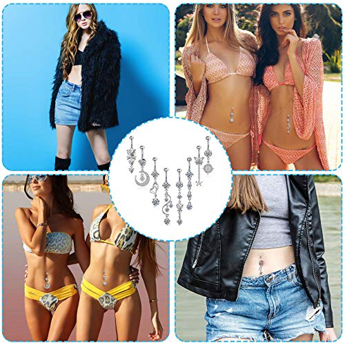 Hicarer 8 Pieces 14G Belly Button Rings Steel Long Dangle Navel Ring CZ Body Piercing Jewelry - color: Silver