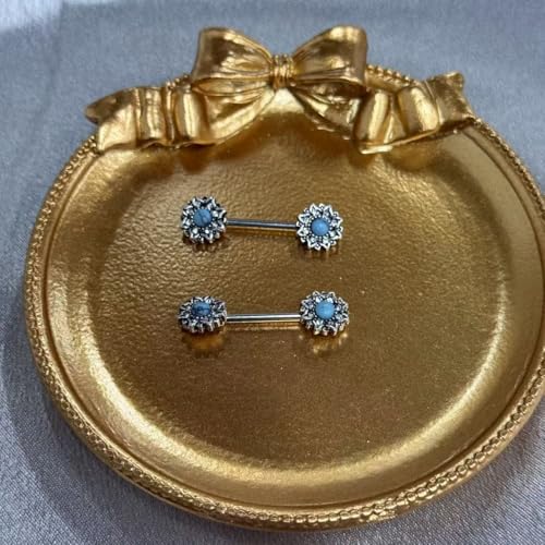 Kokoma Vintage Flower Nipple Rings for Women Turquoise Crystal CZ 14G Stainless Steel Nipplerings Barbell Nipple Piercing Nipple Shield Rings Body Piercing Jewelry