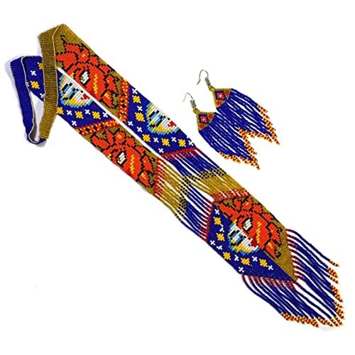 Long Beaded Necklace – Boho Native Handmade Seed Bead Tassel Necklace, Bohemian Large Statement Beaded Necklace for Women - color: Orange/Blue
