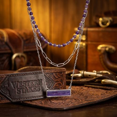 Layered Stone Necklace, Triple Strand Beaded Choker with Paperclip Chain, Boho Western Fashion Jewelry - color: Purple