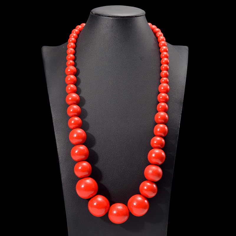 Boho Chunky Large Wooden Beads Necklace Colorful Natural Wood Bib Big Round Beaded Strand Necklaces for Women Ethnic Statement Costume Wedding Jewelry - color: Red