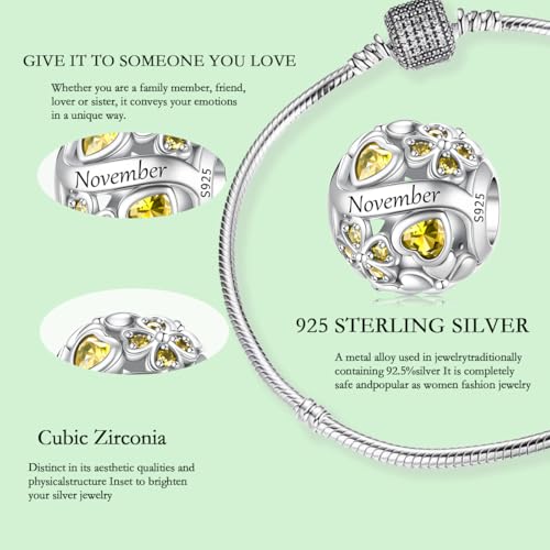 925 Sterling Silver Lucky Clover Birthstone Charms for Bracelets Dangle Pendant with 5A Cubic Zirconia Compatible Pandora Bracelets, Ladies Birthday Gift - style: 11-November