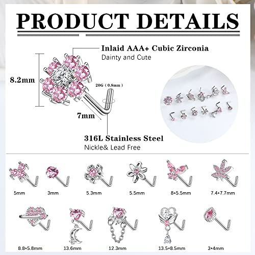 Sanfenly 12 PCS 20G Nose Rings Surgical Stainless Steel, L Shaped Nose Studs for Women Men, CZ Heart Butterfly Flower Leaf Moon Dangle Cute Nose Piercings Studs Screw Jewelry Pink/Purple/Blue/Clear - color: Pink