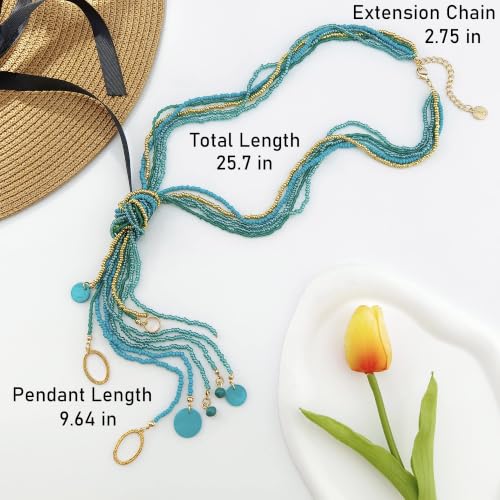 Coiris Long Seed Beaded Multi Strand Necklace,10 Multiple Statement Long Bib Necklace with Tie Knot for Women and Girls Jewelry - color: Teal