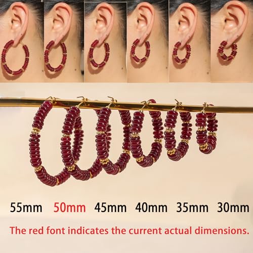 Wellike Beaded Hoop Earrings for Women Natural Stone Pink Gold Huggie Earrings Hypoallergenic Dainty Waterproof Trendy Jewelry - color: Burgundy, size: 50mm