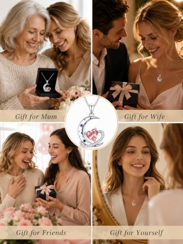 Birthstone Necklace for Women White Gold Moon and Star Pendant Moon Jewelry Anniversary Birthday Gifts for Mom Wife Her - color: 10. October - Pink Tourmaline