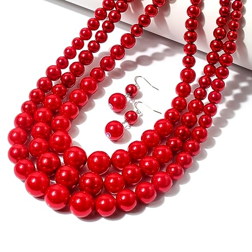 Fuqimanman2020 Chunky Large Simulated Pearl Choker Necklace Drop Dangle Earrings Crystal Bib Big Round Beaded Strand Multicolor Costume Statement Wedding Jewelry Set for Women Brides - color: Red Set