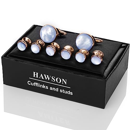 HAWSON Cufflinks and Tuxedo Studs Set for Men with Gift Box, Mother-of-Pearl Cuff links for French Cuff Shirt and Dress Shirt, Suitable for Wedding, Birthday, Party - style: Rose Gold & Blue Mother of Pearl