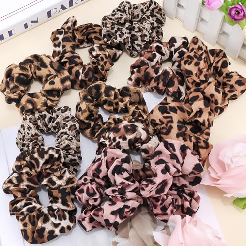 KICOSY 12 Pack Leopard Print Scrunchies Set - 6 Styles of Cheetah & Leopard Hair Ties for Daily Looks, Workouts, Party Outfits - color: leopard
