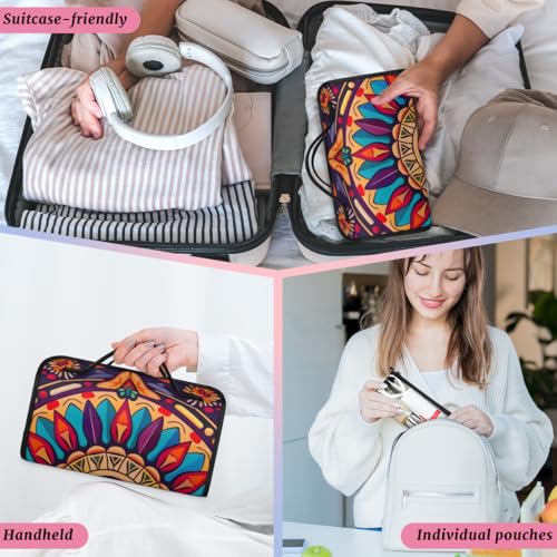 Boho Mandala Flowers Bohemian Hanging Roll Up Cosmetic Bag with 4 Removable Storage Bags Waterproof Foldable Toiletry Kit for Women - color: Multicolor 20