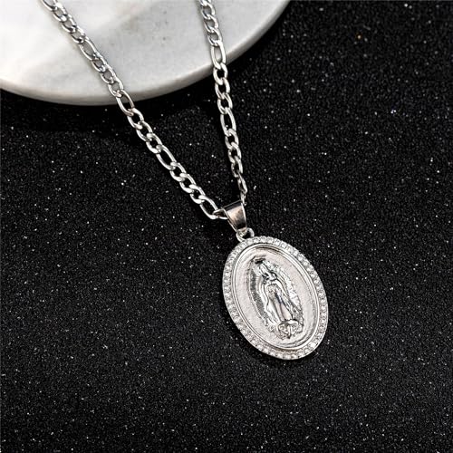 14K Gold Plated Guadalupe Virgin Mary Oval Pendant Necklace for Women Men Zircon Inlay Virgin Mary 3mm Flat Figaro Chain Necklace - color: white, size: chain length:18"