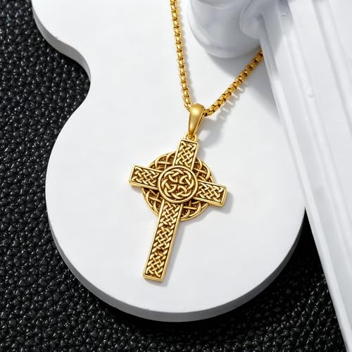 Celtic Cross Necklace For Men ,18K Gold Plated Celtic Cross Celtic Amulet Necklace Protection Jewelry Religious Gifts with 2.5mm 22"+2" Adjustable Rolo Chain - style: style2