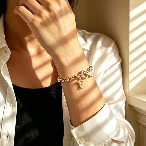14K Gold Plated Stainless Steel A-Z Alphabet Letter Heart Bracelet | Non-Tarnish Dainty Charm with a Romantic Toggle Clasp Daily Fashion Jewelry, 7-inch Rolo Chain, Personalized Gift for Her - color: F