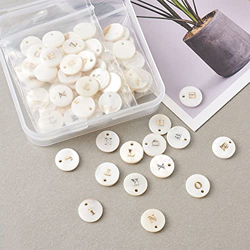 Craftdady 104pcs Freshwater Shell Alphabet Pendants Flat Round White Shell with A-Z Letter Bead Charms 11-11.5mm for Name Bracelets Necklaces Earrings Jewelry Crafts Making - color: Golden & Platinum Letter