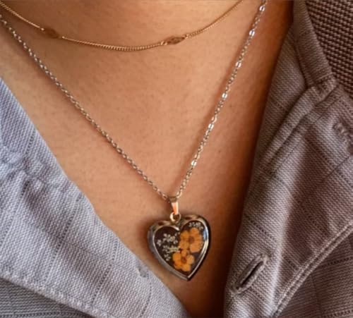 Handmade Heart Shaped Dried Pressed Forget Me Not Flower Photo Locket Pendant Necklace - color: Silver, style: ORANGE+BROWN