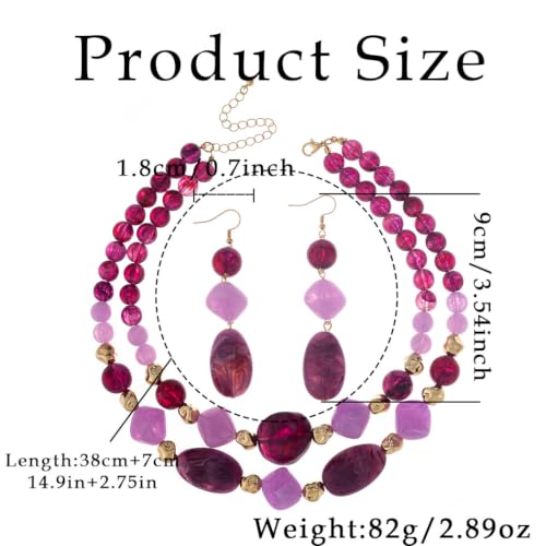 Layered Beaded Necklace and Earring Set Acrylic Beads Necklace Set Bohemian Chunky Jewelry Set for Women Beach - color: Purple
