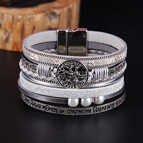 TGLS Women Tree of Life Leather Bracelets Multi-Layer Wraps Wristband Layered Wrap Bangle Cuff Bracelets for Friends Sisters Birthday Gifts - color: Grey
