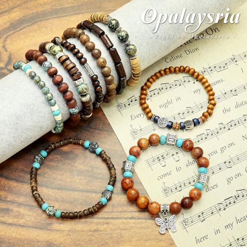 10 Pcs Stackable Bohemian Beaded Bracelets for Women Men, Nature Tree Butterfly Turquoise Wooden Beads Stretch Boho Bracelets Handmade Boho Hippie Western Chic Earthy Jewelry Gift - color: Brown Bamboo Joint